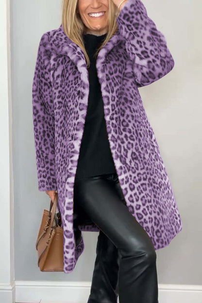 Stylish Leopard Print Lapel Faux Fur Mid-length Coat