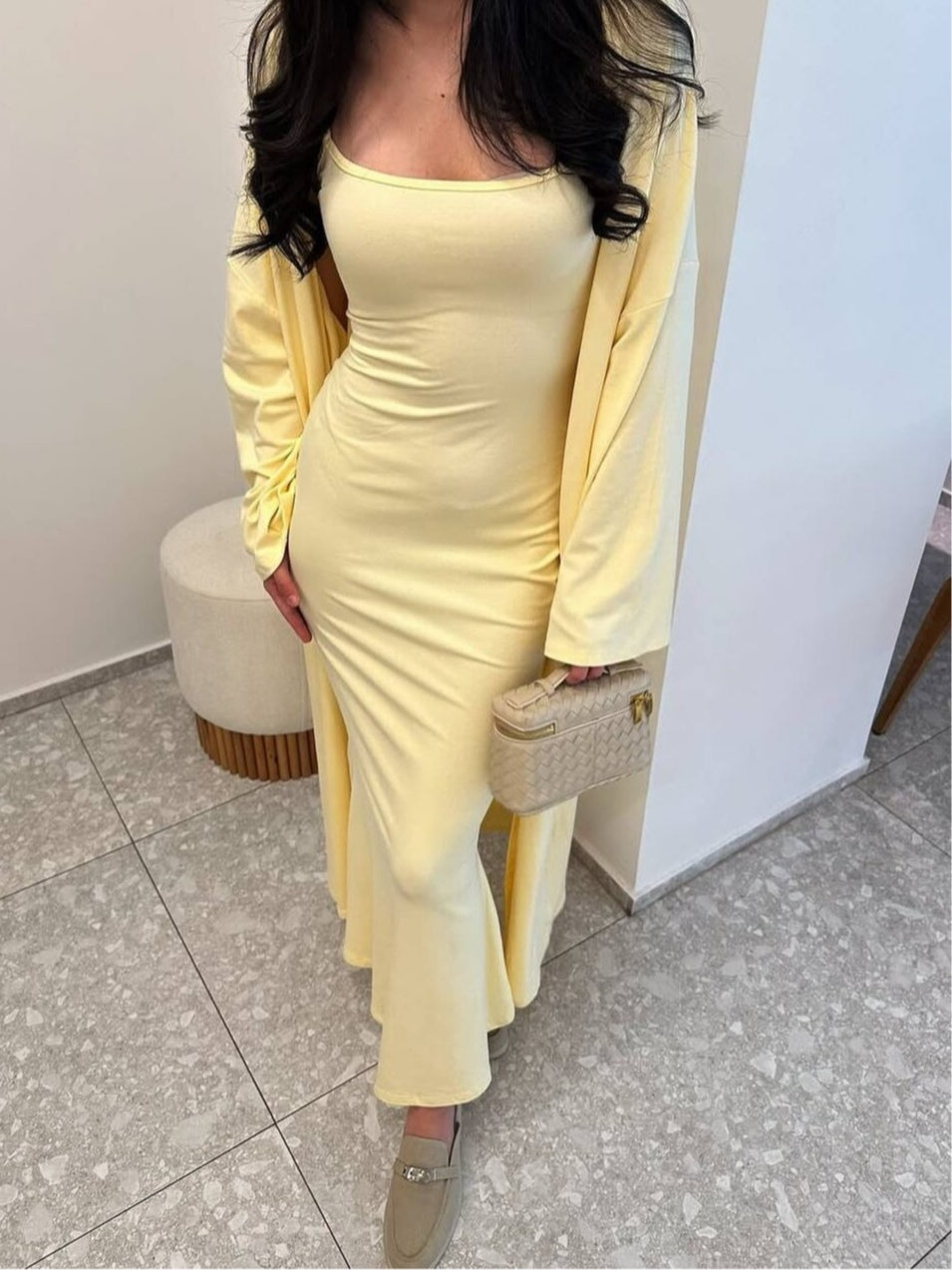 Sleeveless suspender hip dress long cardigan set