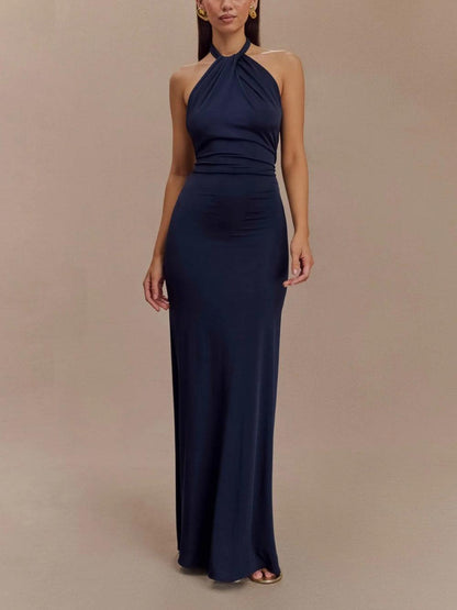Slinky Halter Maxi Dress - Navy