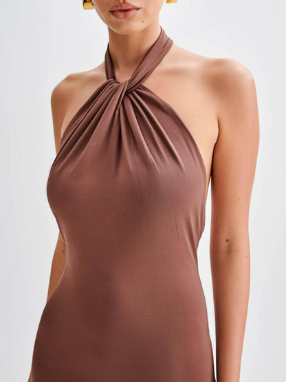 Slinky Halter Maxi Dress - Brown