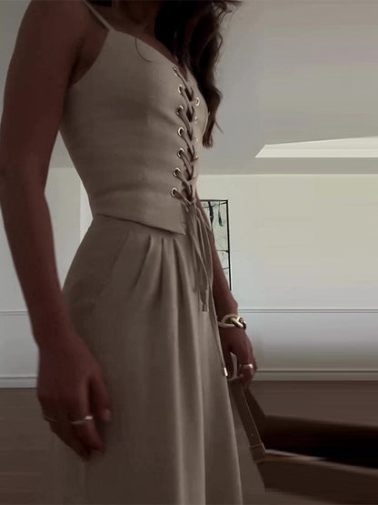 Linen Blend Tie Front Camisole Two-Piece Set