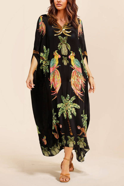 Unique Drop Shoulder Sleeve Coconut Tree Printed Dress