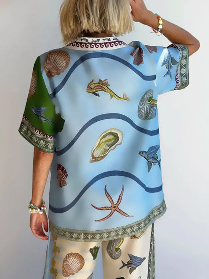 Unique Deep Sea Floral Print Loose Shirt and Pants Set