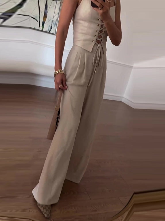 Linen Blend Tie Front Camisole Two-Piece Set