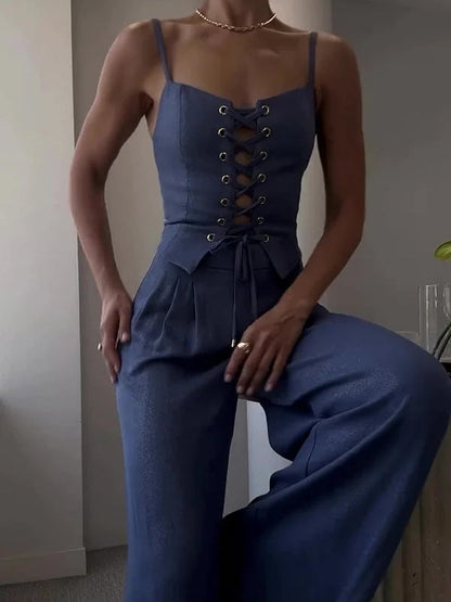 Linen Blend Tie Front Camisole Two-Piece Set