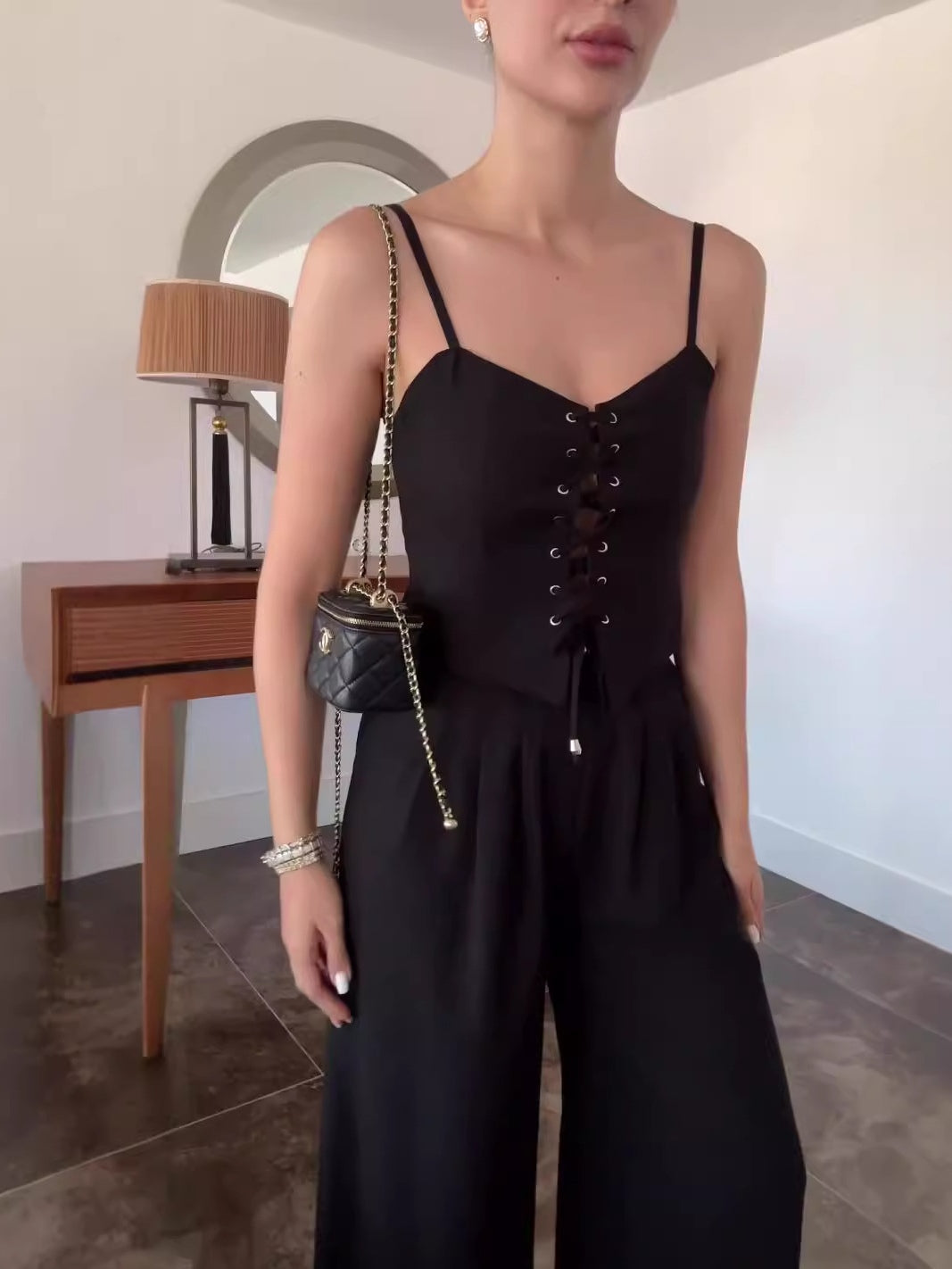 Linen Blend Tie Front Camisole Two-Piece Set