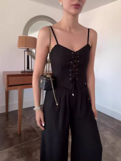 Linen Blend Tie Front Camisole Two-Piece Set