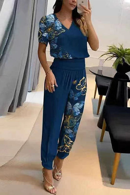 Casual V-Neck Printed Short Sleeve Long Pants Two-Piece Set