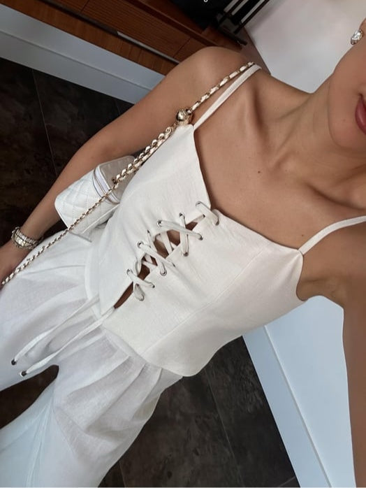 Linen Blend Tie Front Camisole Two-Piece Set