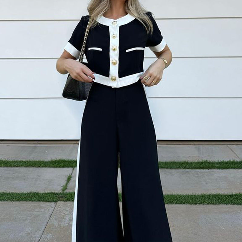 Stylish Casual Short Top & Straight-Leg Pants Two-Piece Set