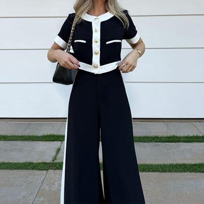 Stylish Casual Short Top & Straight-Leg Pants Two-Piece Set