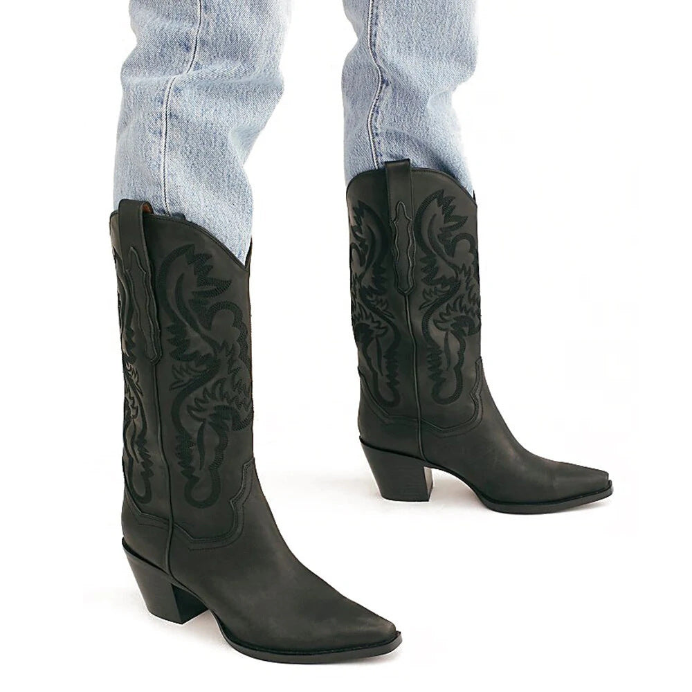 Embroidered Pointed Toe Thick Heel Western Boots