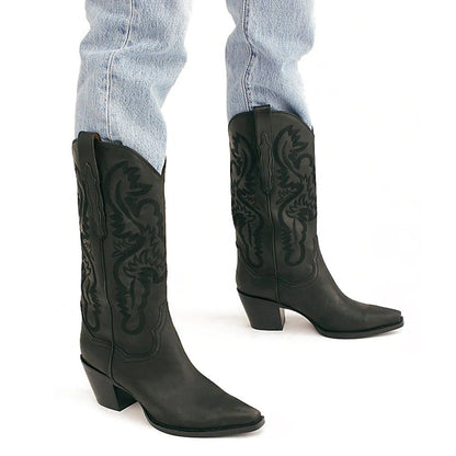 Embroidered Pointed Toe Thick Heel Western Boots