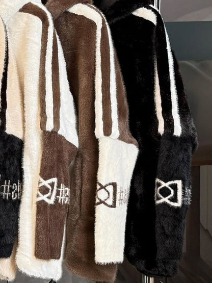 Plush Hooded Vertical Stripe Printed Casual Coat