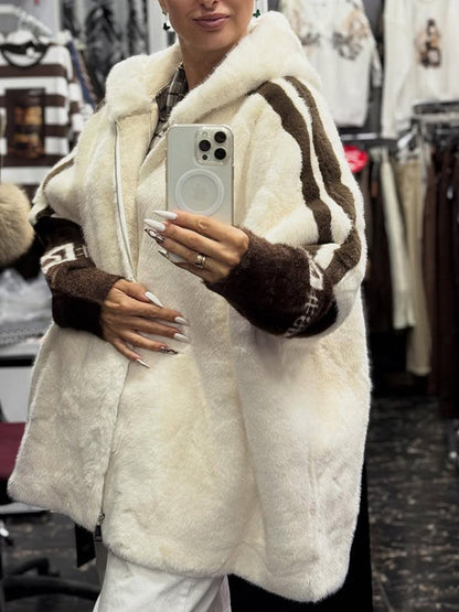 Plush Hooded Vertical Stripe Printed Casual Coat