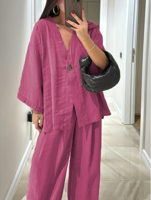 Casual V-Neck Top & Pants Two-Piece Set