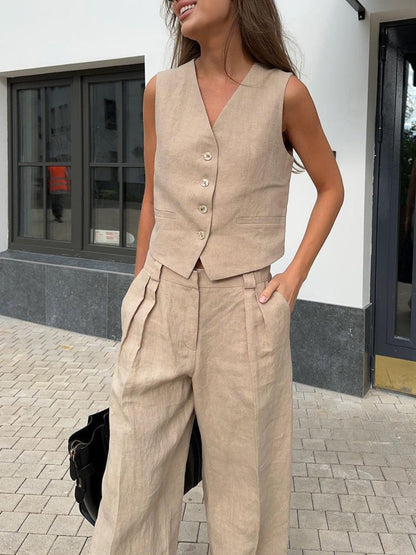 Classic V-neck Pleated Cotton and Linen Wide-leg Pants Suit