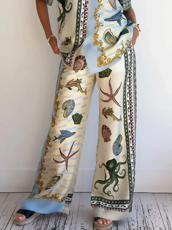 Unique Deep Sea Floral Print Loose Shirt and Pants Set