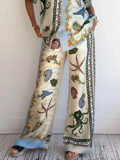 Unique Deep Sea Floral Print Loose Shirt and Pants Set