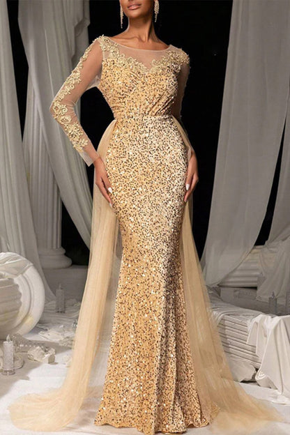 Evening Gown Dark Brown Sequined Lace Tulle Overskirt Mermaid Maxi Dress