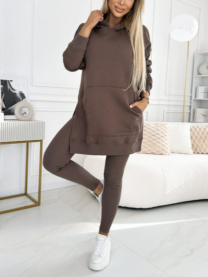 Fashion Solid Color Hoodie and Lined Leggings Two-piece Set