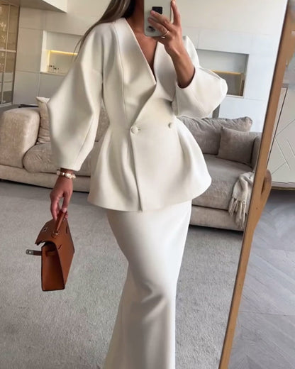 Fashion Solid Color V-Neck Top & Skirt Two-Piece Set