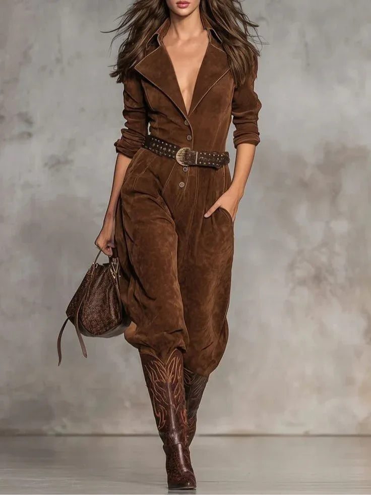 Brown suede jumpsuit with lapel and buttons（Includes belt） - NuaVibe