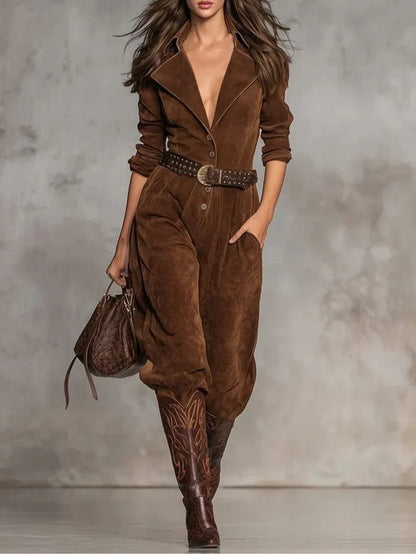 Brown suede jumpsuit with lapel and buttons（Includes belt） - NuaVibe