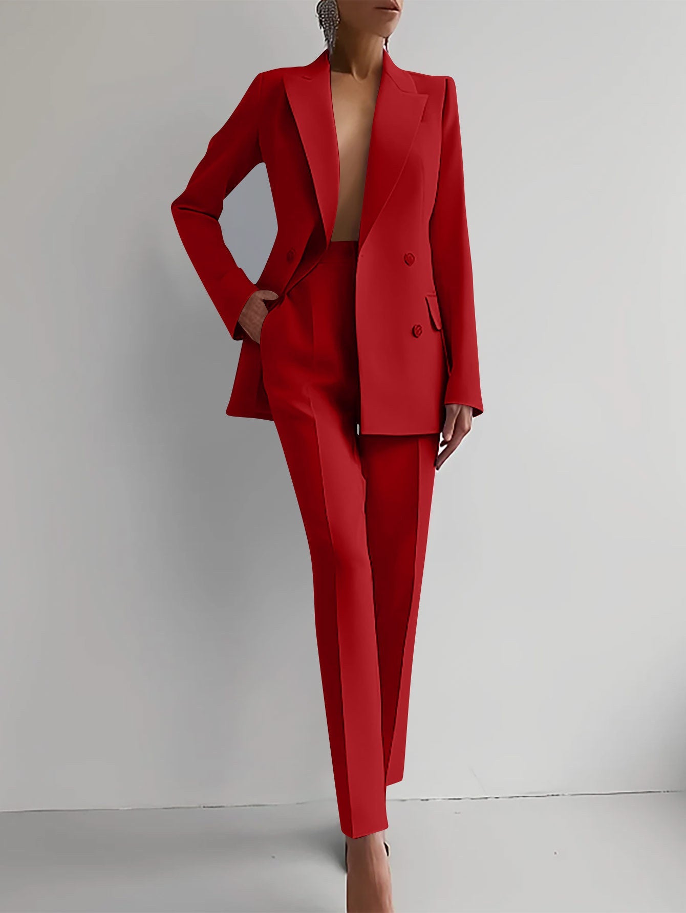 Casual Commuting Solid Color Blazer & High Waist Pants Set