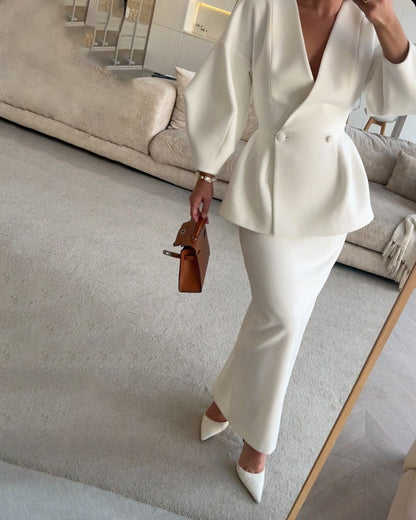 Fashion Solid Color V-Neck Top & Skirt Two-Piece Set