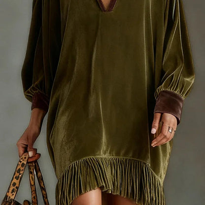 Retro Velvet Loose Casual V-neck Tassel Dress