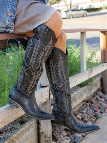 Vintage Western Cowboy Embroidered Knee-High Boots