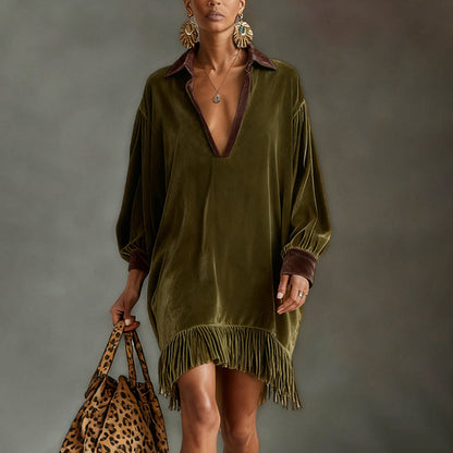 Retro Velvet Loose Casual V-neck Tassel Dress