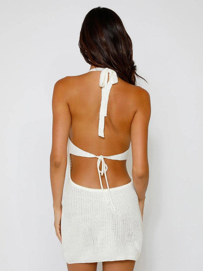 Low-cut V-neck halter neck hollow knit dress