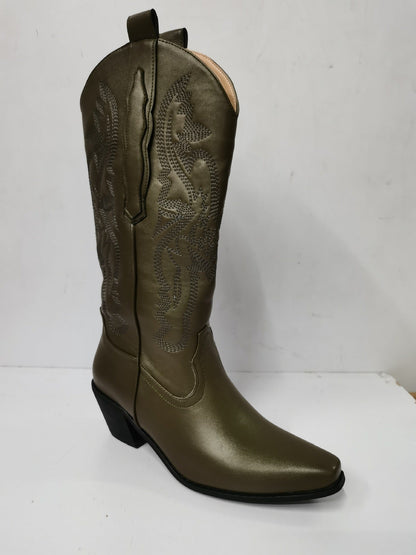 Embroidered Pointed Toe Thick Heel Western Boots