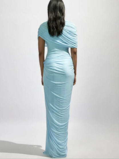 Cape-style pleated wrap maxi dress