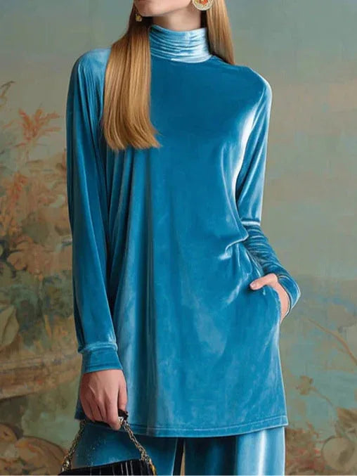 High-neck blue velvet loose casual set - NuaVibe