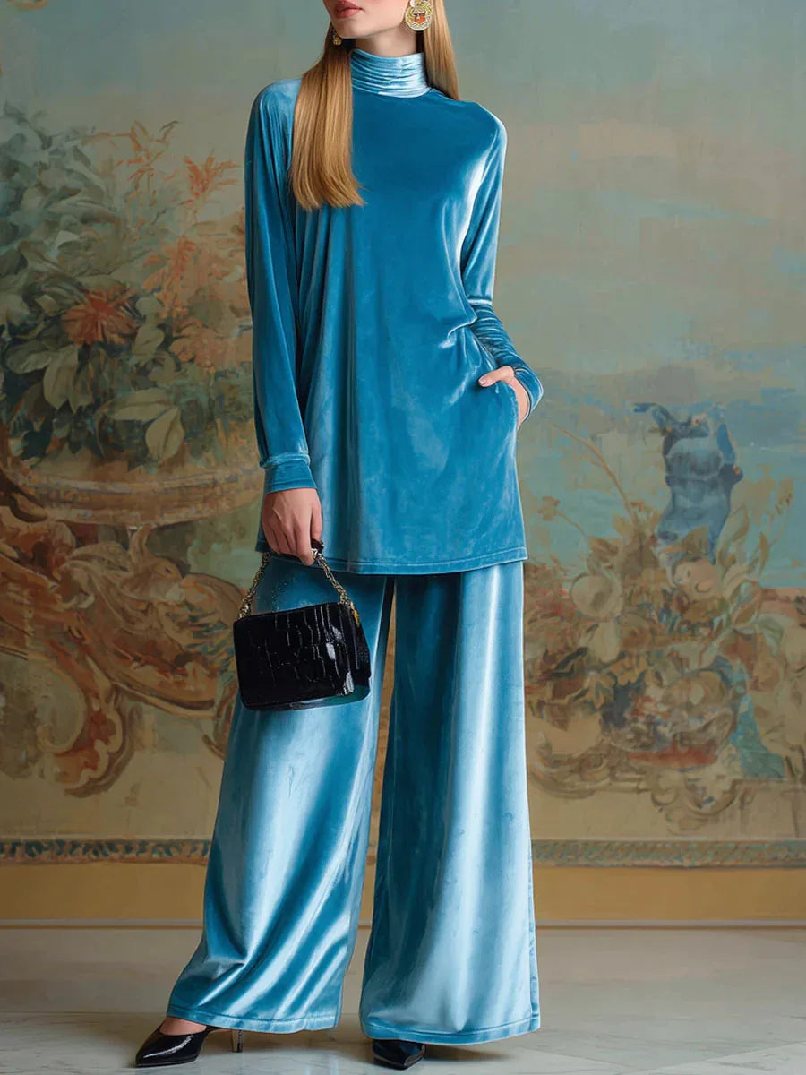 High-neck blue velvet loose casual set - NuaVibe