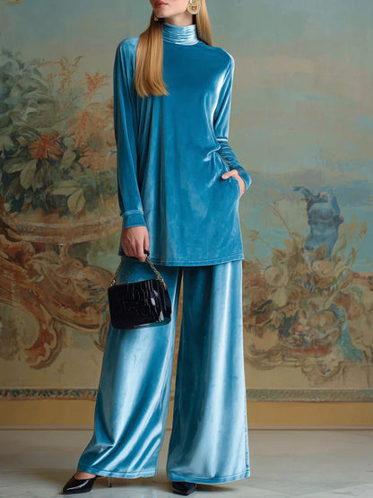 High-neck blue velvet loose casual set - NuaVibe