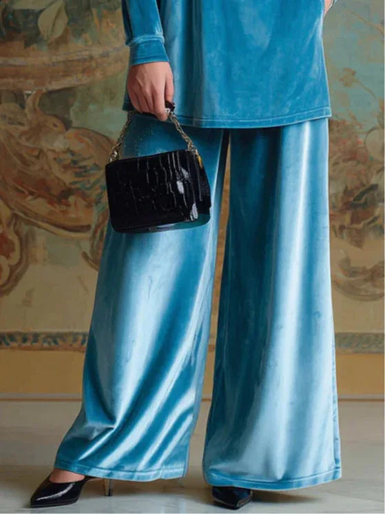 High-neck blue velvet loose casual set - NuaVibe