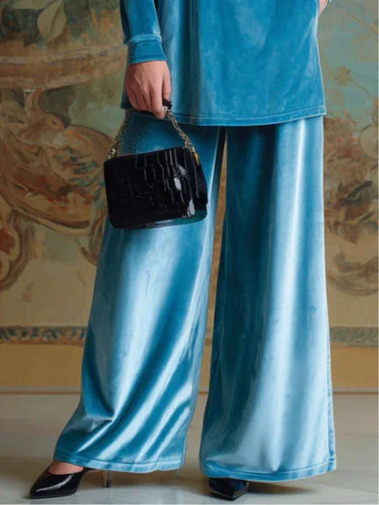 High-neck blue velvet loose casual set - NuaVibe