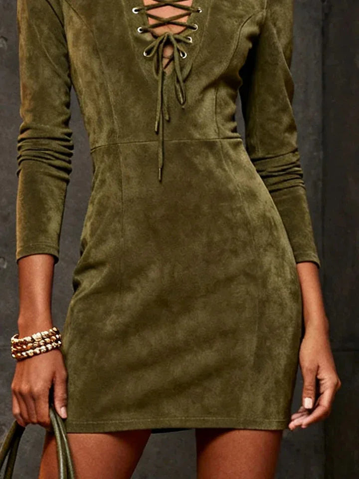 Olive Lace-Up Faux Suede Turtleneck Mini Dress - NuaVibe
