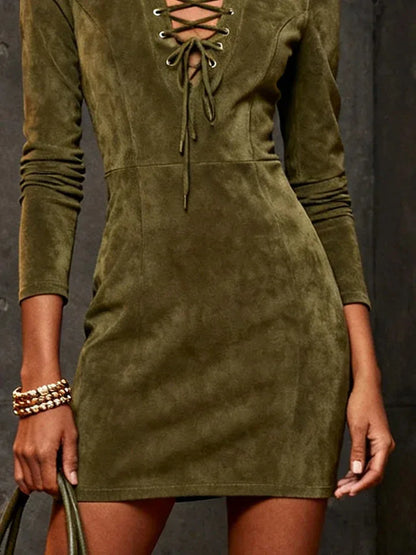 Olive Lace-Up Faux Suede Turtleneck Mini Dress - NuaVibe