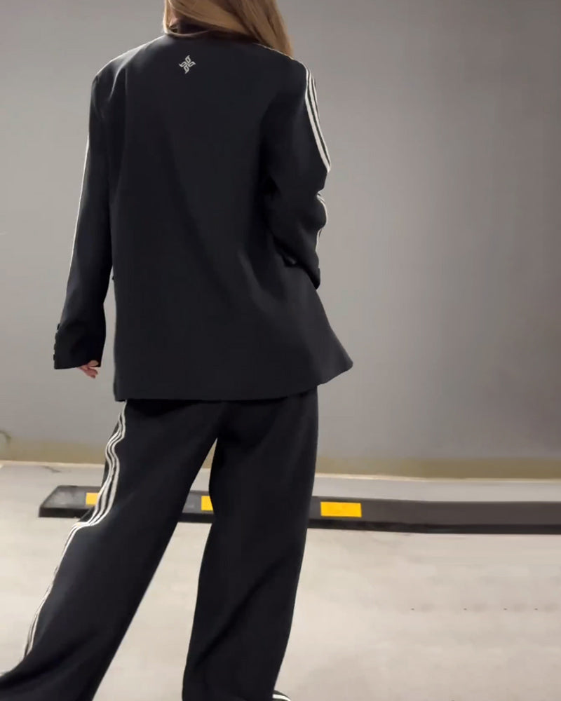 Fashionable Striped Blazer & Wide Leg Pants Two-Piece Set