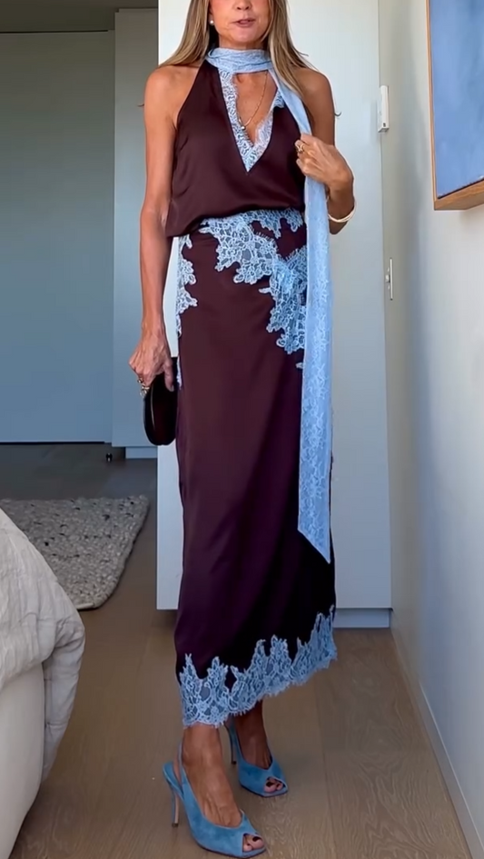 Elegant Brown and Blue Lace Panel Top + Skirt Suit Set