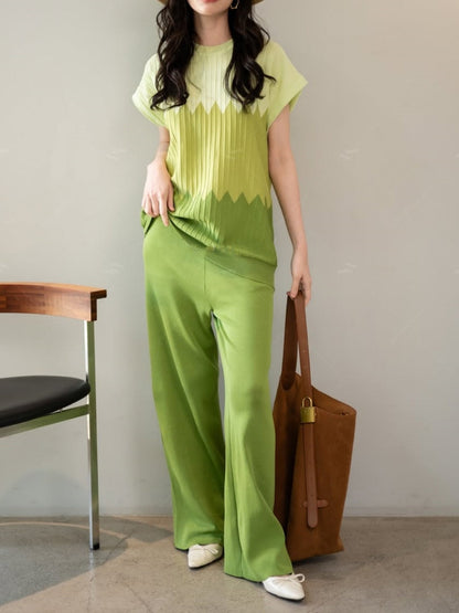 Contrast color crew neck sweater wide leg pants suit