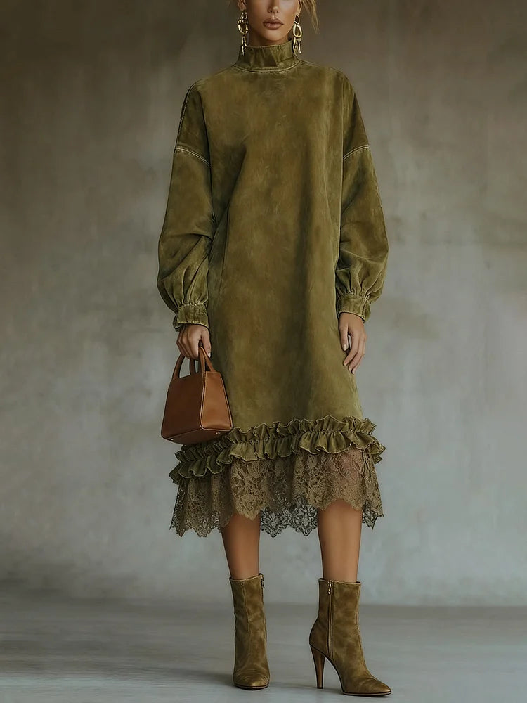 Olive green turtleneck suede lace hem midi dress