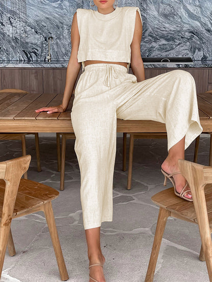 Linen Two Piece Wide Leg Pants Set