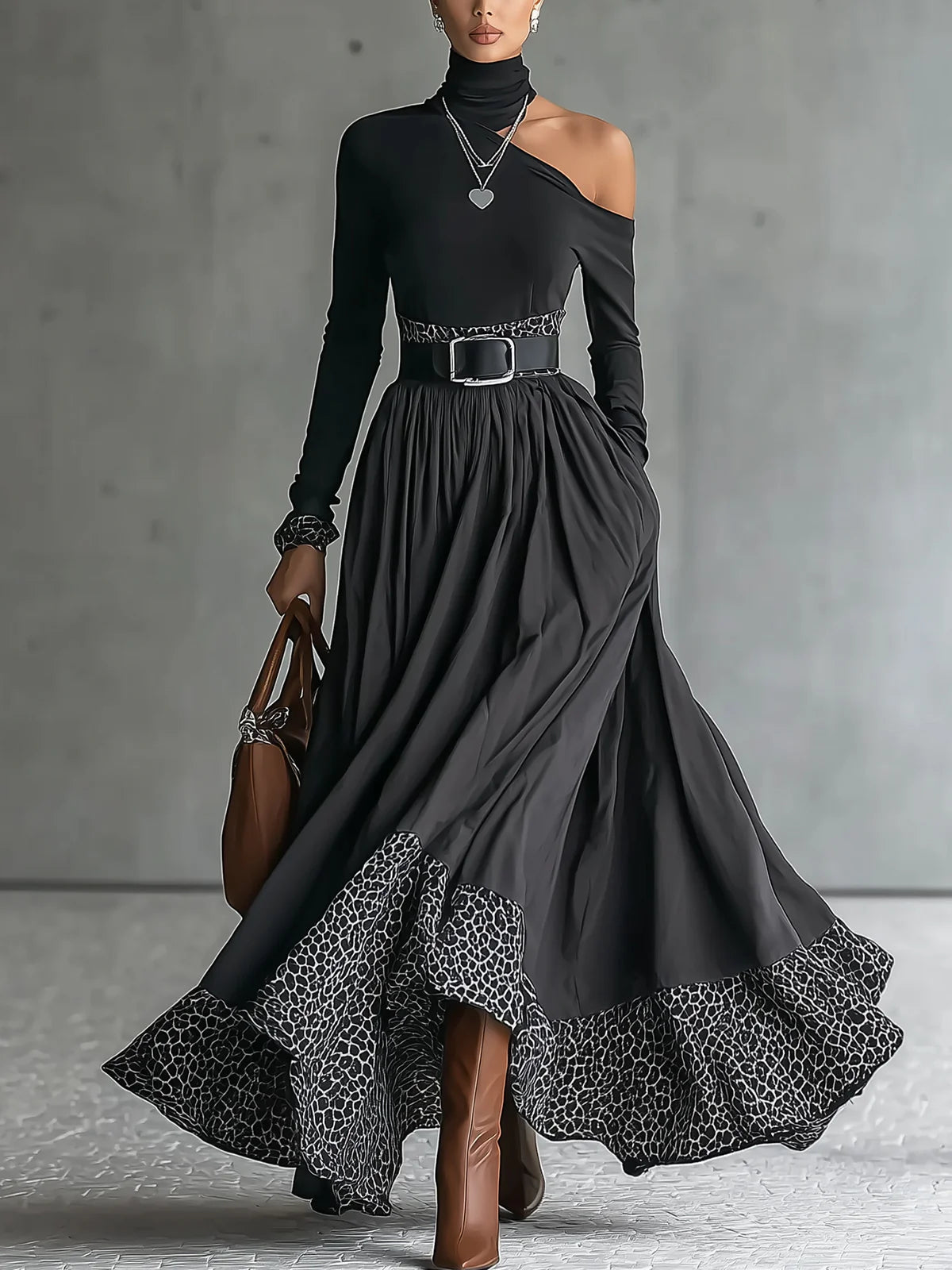 Black off-the-shoulder turtleneck dress with leopard print trim (including belt)