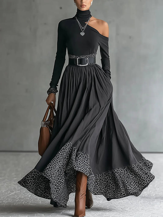 Black off-the-shoulder turtleneck dress with leopard print trim (including belt)